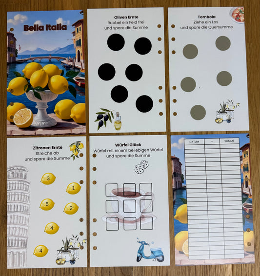Sparchallenge „Bella Italia“ | zum Abheften für A6 Binder | Rubbeln, Lose, Abstreichen & Würfeln