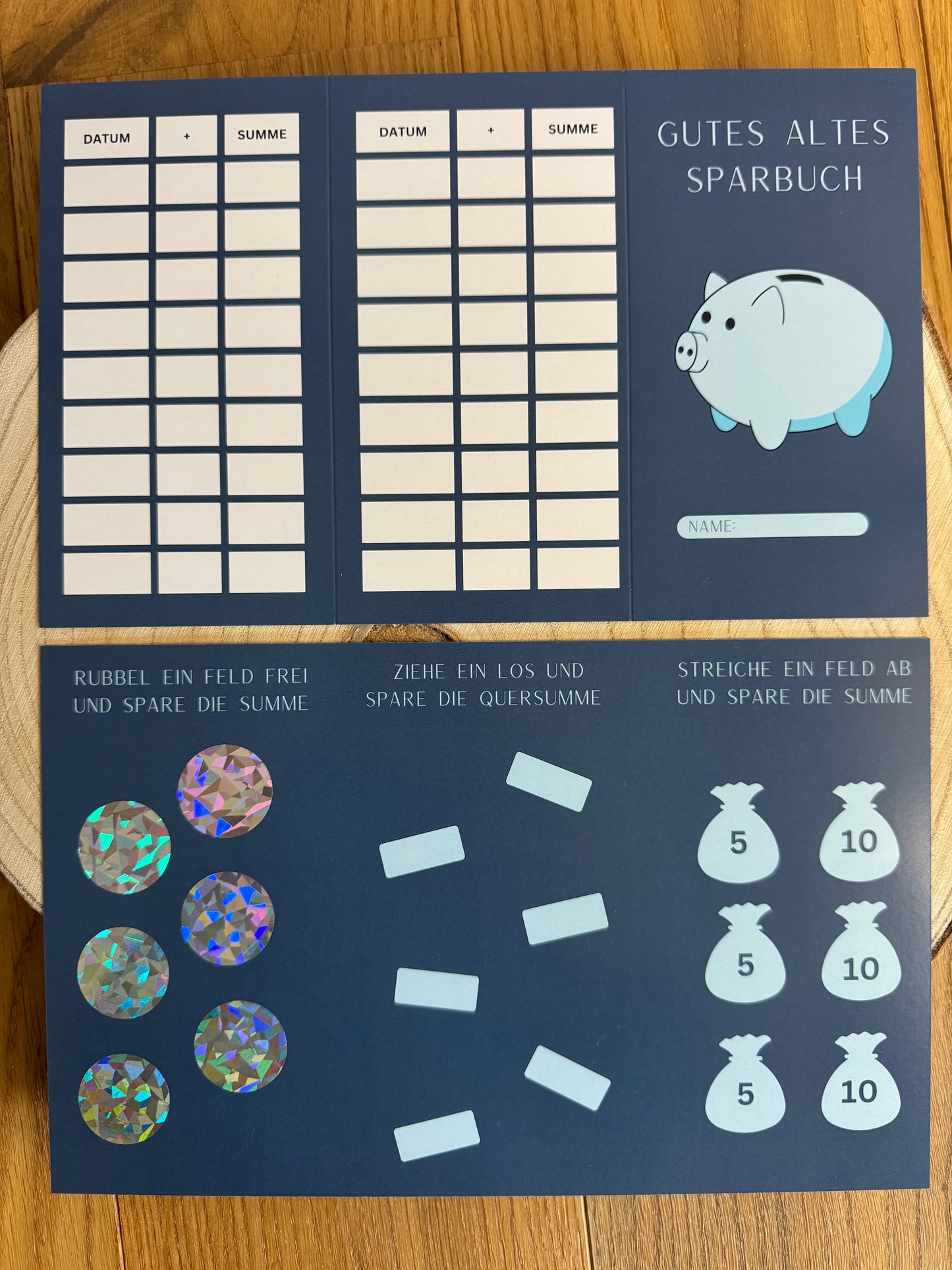 Sparchallenge „Gutes altes Sparbuch“ | 3er Klappkarte | Rubbeln, Lose & Abstreichen