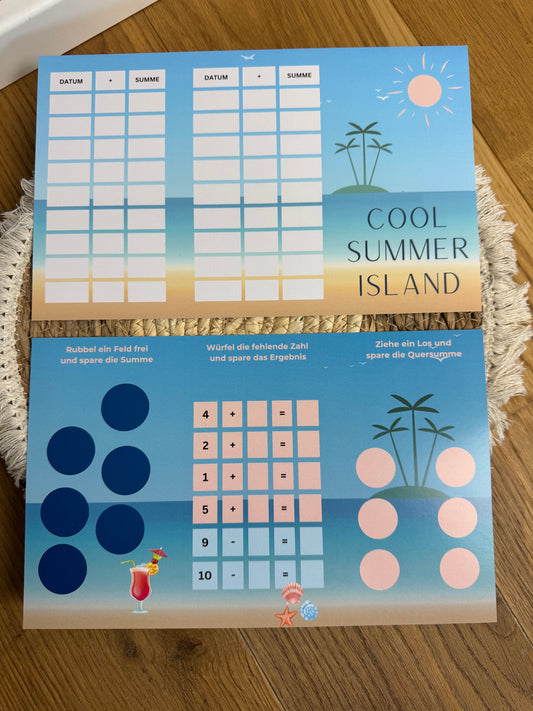 Sparchallenge „Cool Summer Island“ | 3er Klappkarte | Rubbeln, Lose & Würfeln