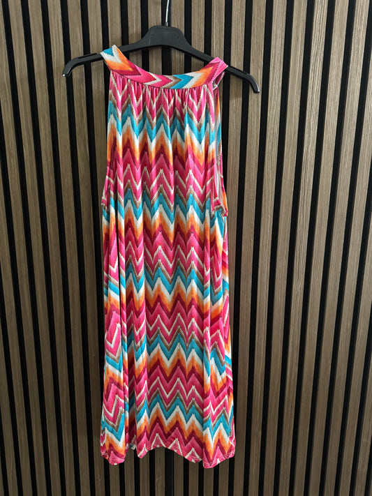 KURZES FLIESSENDES KLEID | MUSTER | PINK-TÜRKIS