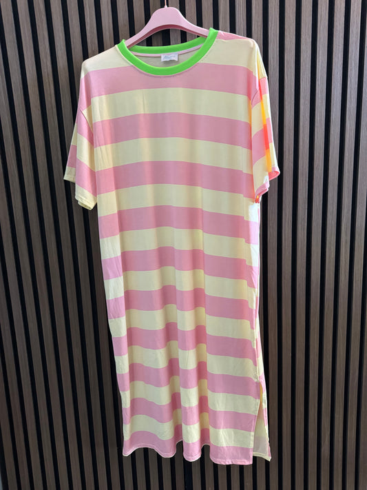 T-SHIRT KLEID STREIFEN LANG | ROSA / BUTTER-YELLOW