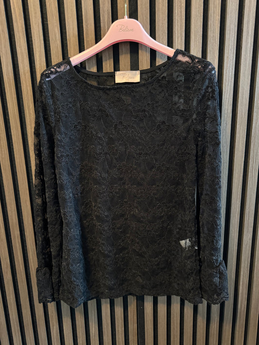SPITZEN LONGSLEEVE MIT TROMPETEN ÄRMELN | SCHWARZ